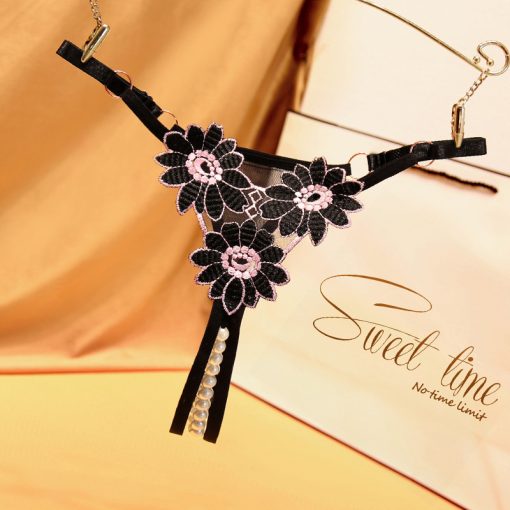 Three flower made in china thong black panty