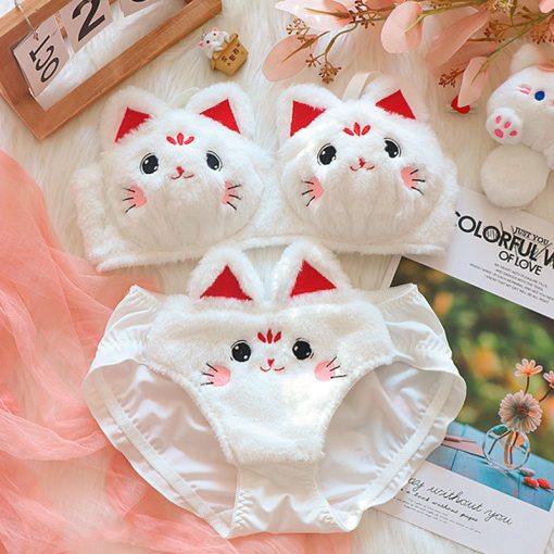 Lucky Cat Furry Bunny Plush China Bra Panty Set-CBPS