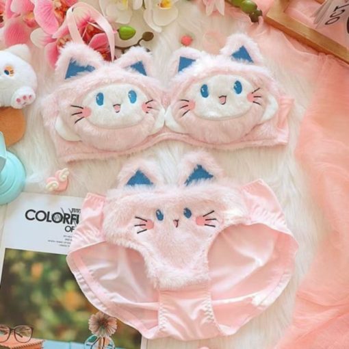 Lucky Cat Furry Bunny Plush China Bra Panty Set Pink-CBPS