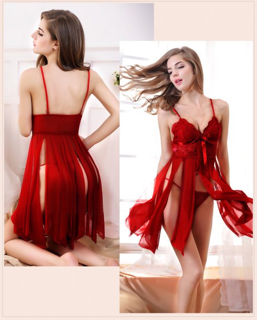 New European and American Lace Shoulder Uniform Mesh Pajamas Sexy Suspender Nightdress RED-UNN
