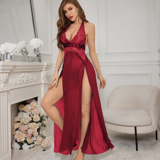 American new sexy lingerie  mesh slit suspender long skirt suit Maroon-SLSS