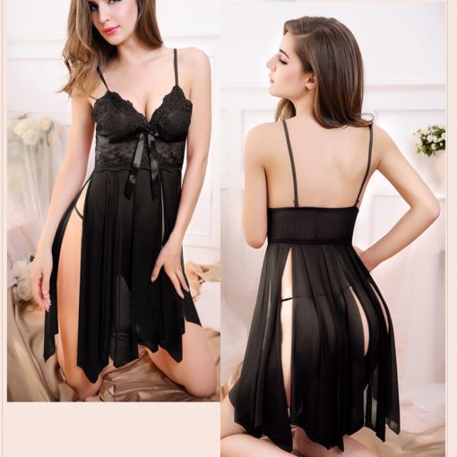 New European and American Lace Shoulder Uniform Mesh Pajamas Sexy Suspender Nightdress BLK-UNN