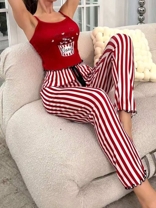 Cross-border home clothes printed edge trousers suit comfortable Nightdress (Red)-SCN