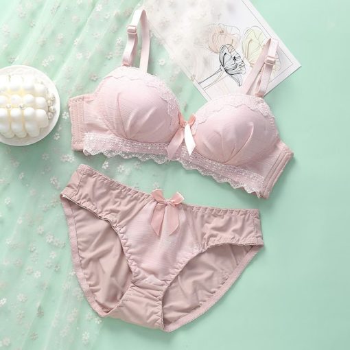 Summer New  Without Steel Ring And Lace Edge Push Up Bra Set Pink-EPUB