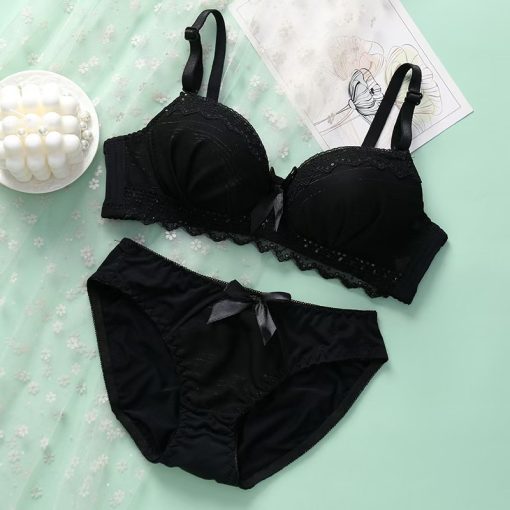 Summer New  Without Steel Ring And Lace Edge Push Up Bra Set Black-EPUB