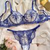 New Premium Flower Embroidery Through Mesh Sexy Comfortable Generous brapanty set Blue- N11