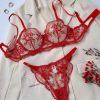 New Premium Flower Embroidery Through Mesh Sexy Comfortable Generous brapanty set Red- N11